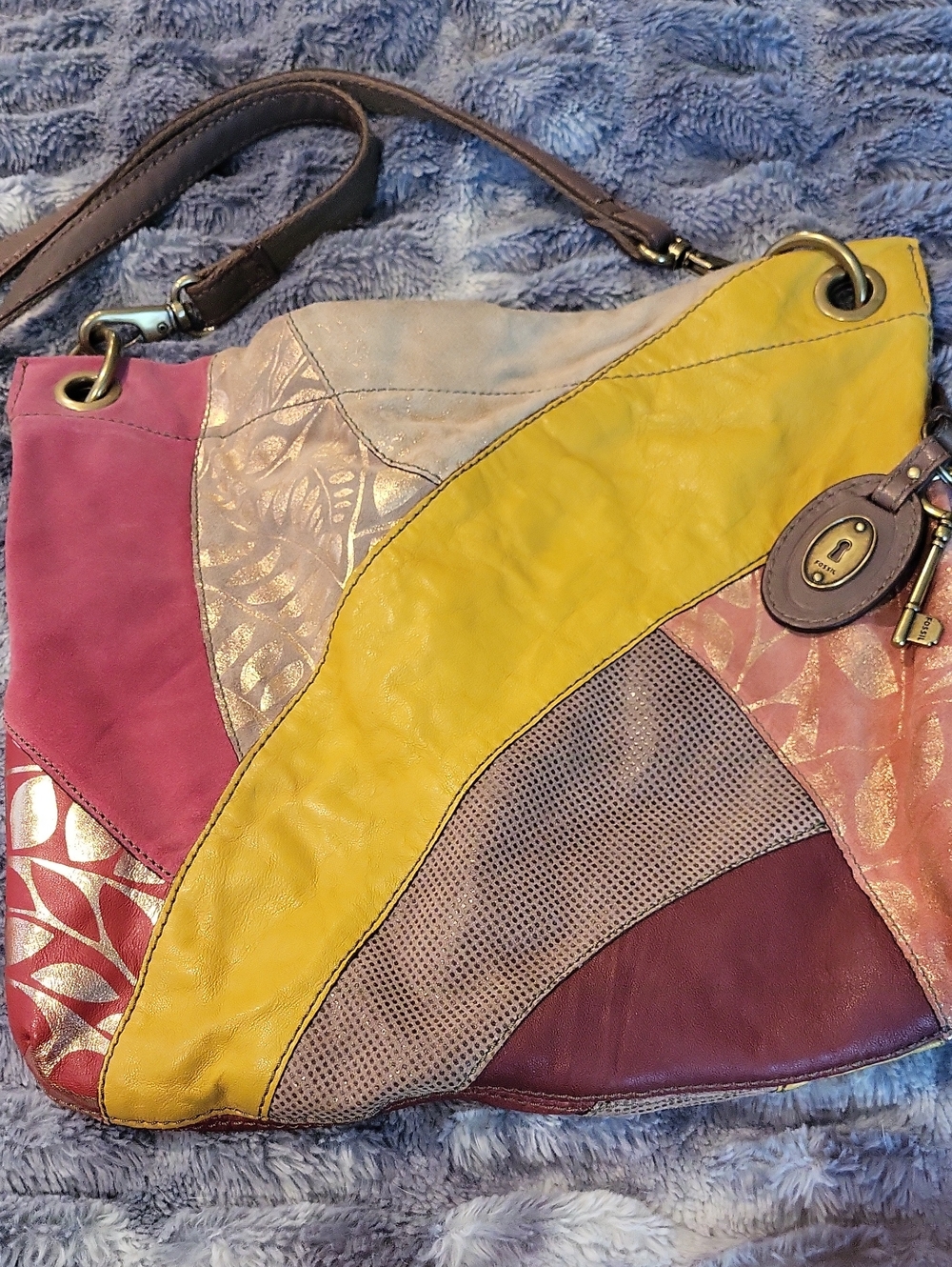 Vintage Fossil Patchwork Leather Shoulder Bag in Yellow, Pink & Brown